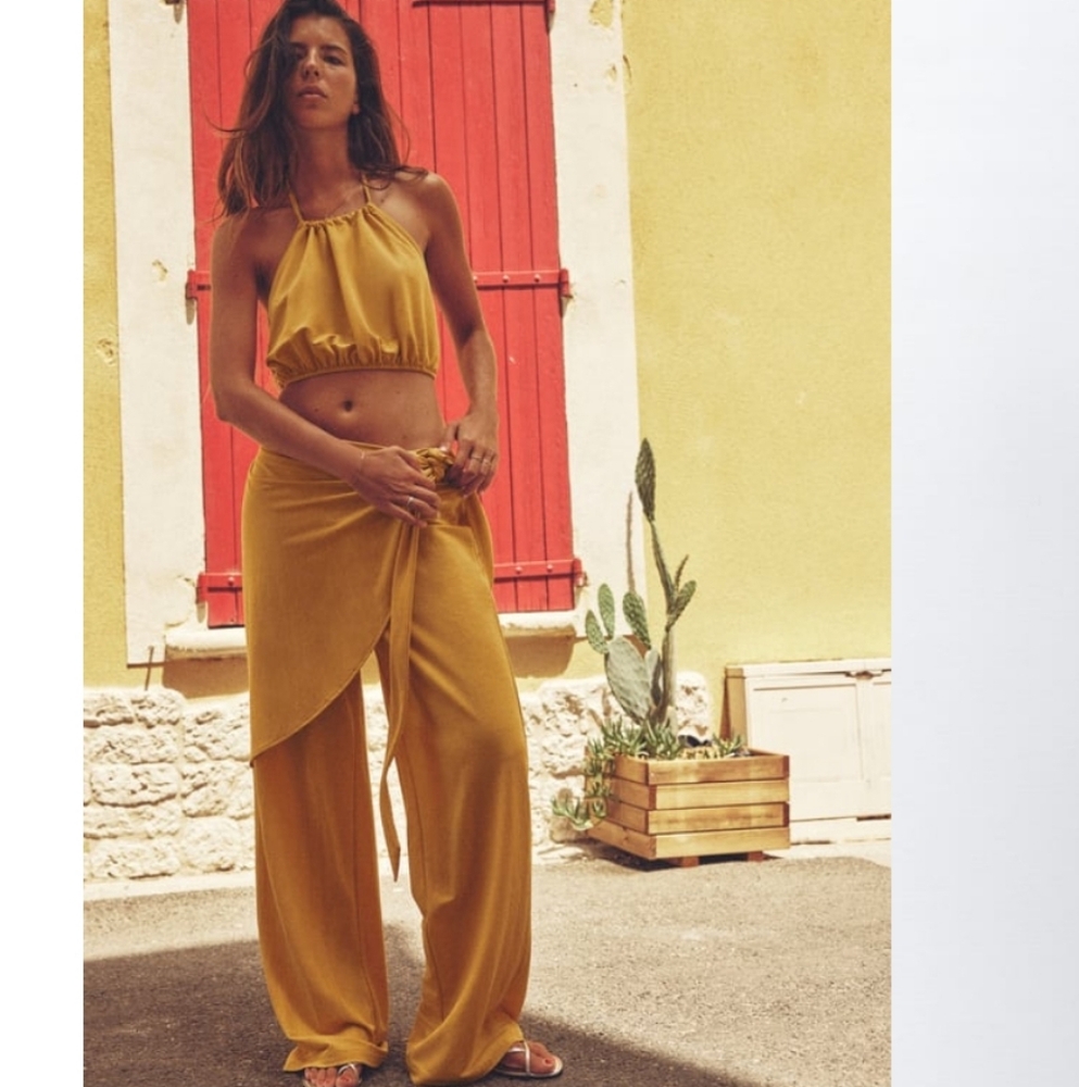 NWT Zara Mustard Yellow Wrap Front Pants & Halter Crop Top Set Small